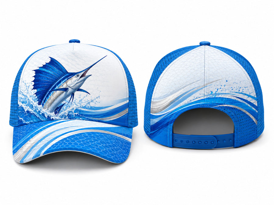 Custom Fishing Cap | Wholesale Fishing Team Hat | Blue White Marlin | Apparels Bridge design preview