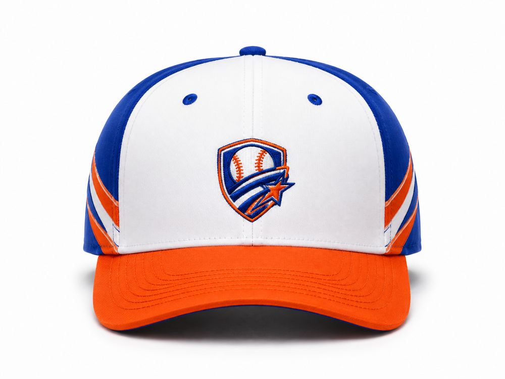 Custom White Blue Orange Baseball Cap | Wholesale Team Hat for Bulk Orders and Private Label front design preview