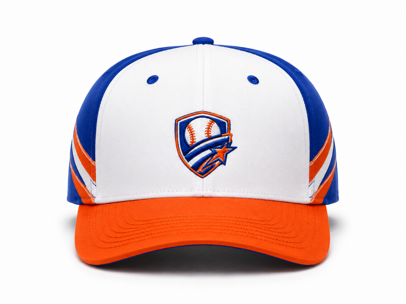 Custom White Blue Orange Baseball Cap | Wholesale Team Hat for Bulk Orders and Private Label
