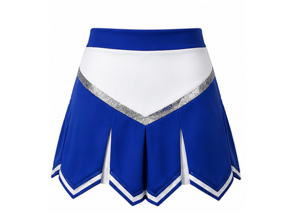Wholesale Cheerleading Skirt blue, white and silver Pleated Low MOQ Bulk Team Uniform front design preview