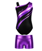 Custom Gymnastics Unitard | Wholesale Long Sleeve Leotard and Leggings Set | Purple Black Sparkle | Apparels Bridge