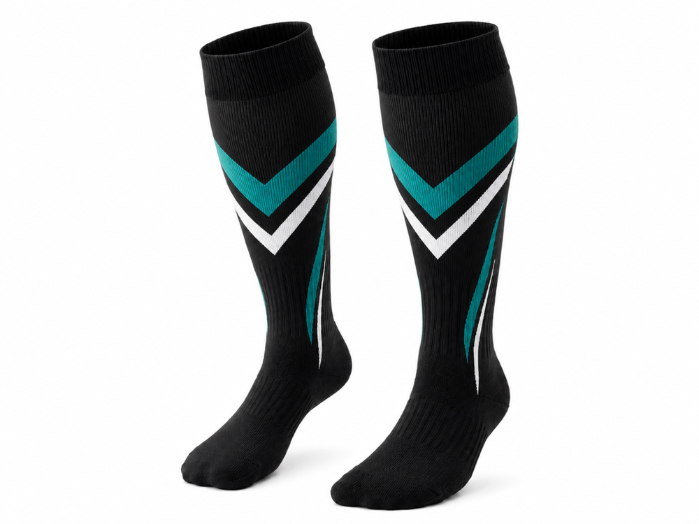 Custom Black Volleyball Socks – Teal White Knee-High Team Socks for Wholesale front design preview