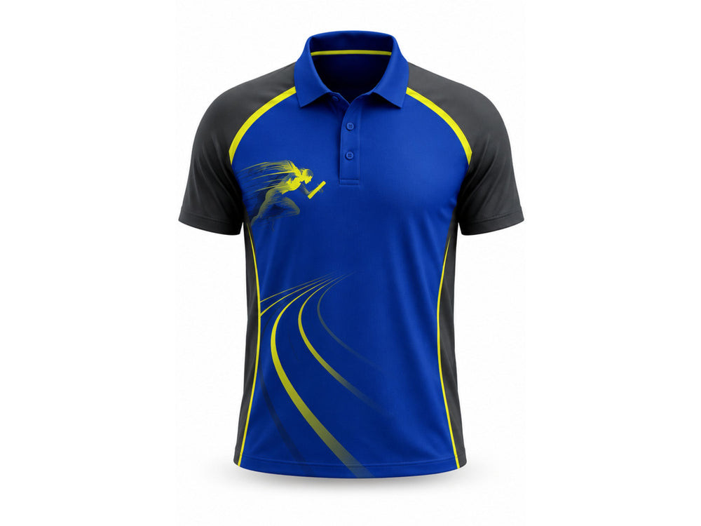 Custom Track & Field Coach Polo Shirt | Wholesale Athletics Staff Polo | Blue Black Yellow | Apparels Bridge front design preview
