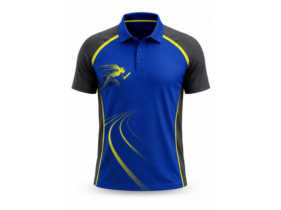 Custom Track & Field Coach Polo Shirt | Wholesale Athletics Staff Polo | Blue Black Yellow | Apparels Bridge design preview