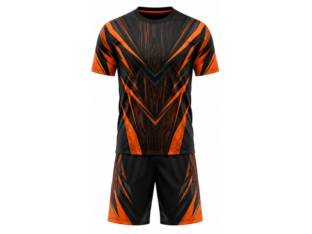 Black & Orange Axe Throwing Uniform Bulk Team Jersey & Shorts Low MOQ Wholesale Performance Set front design preview