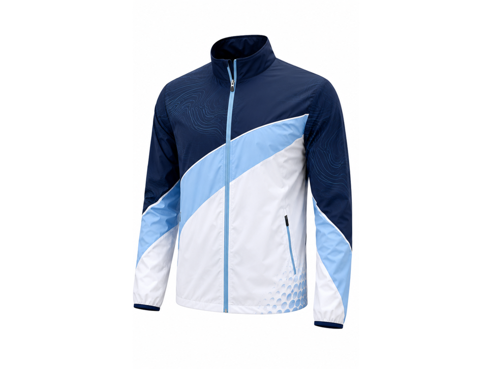 B2B Golf Rain Jacket Wholesale Golf Club Windbreaker Jacket Navy Light Blue White front design preview