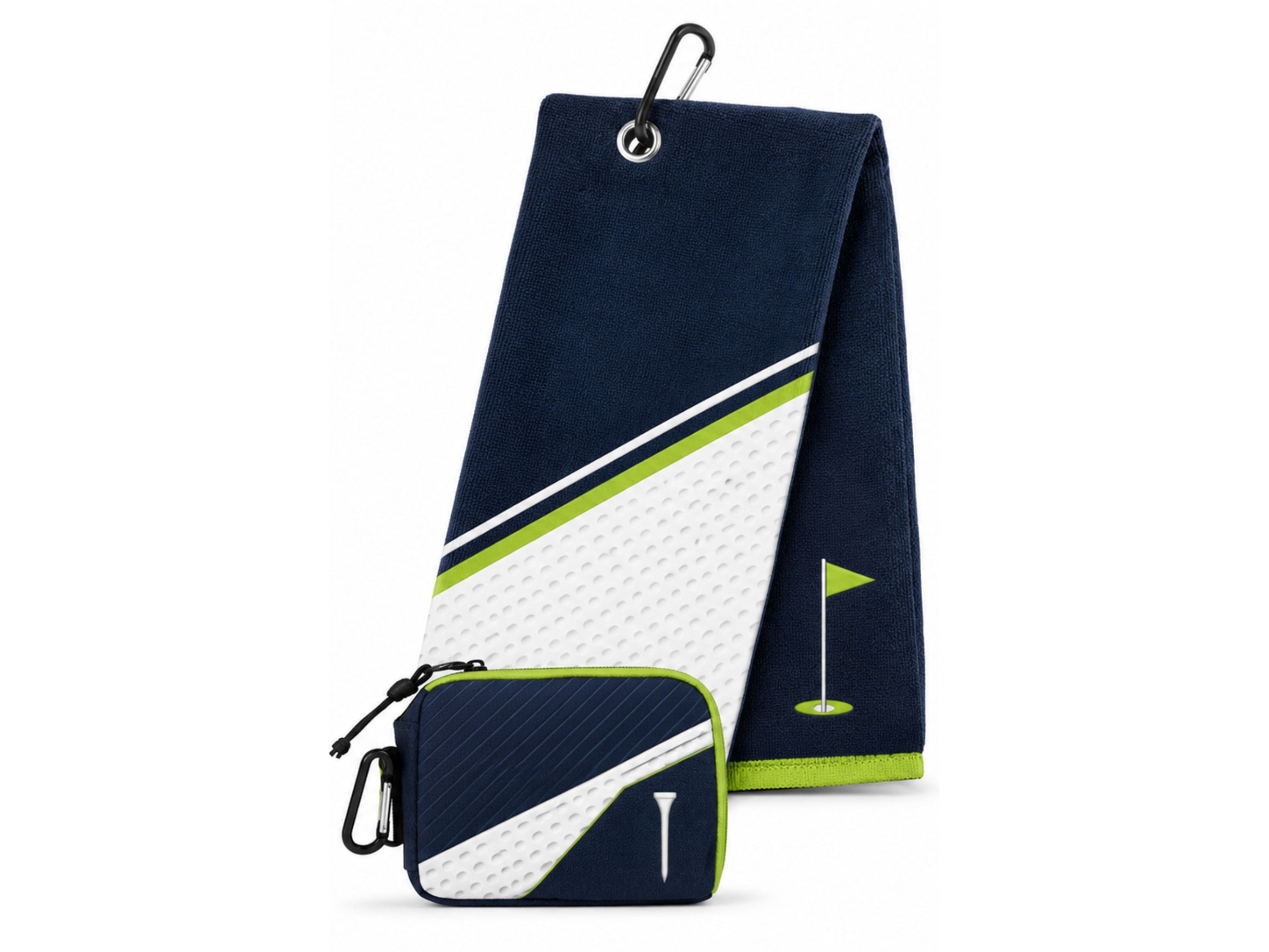 Custom Golf Towel | Wholesale Tri-Fold Golf Towel with Carabiner Clip | Navy White Lime Green | Apparels Bridge