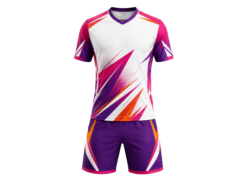 Custom White Purple Soccer Uniform | Wholesale Jersey and Shorts Set for Bulk Team Orders front design preview
