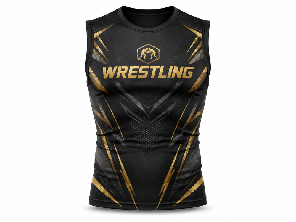 Custom Wrestling Compression Shirt | Wholesale Wrestling Team Shirt | Black Gold | Apparels Bridge front design preview