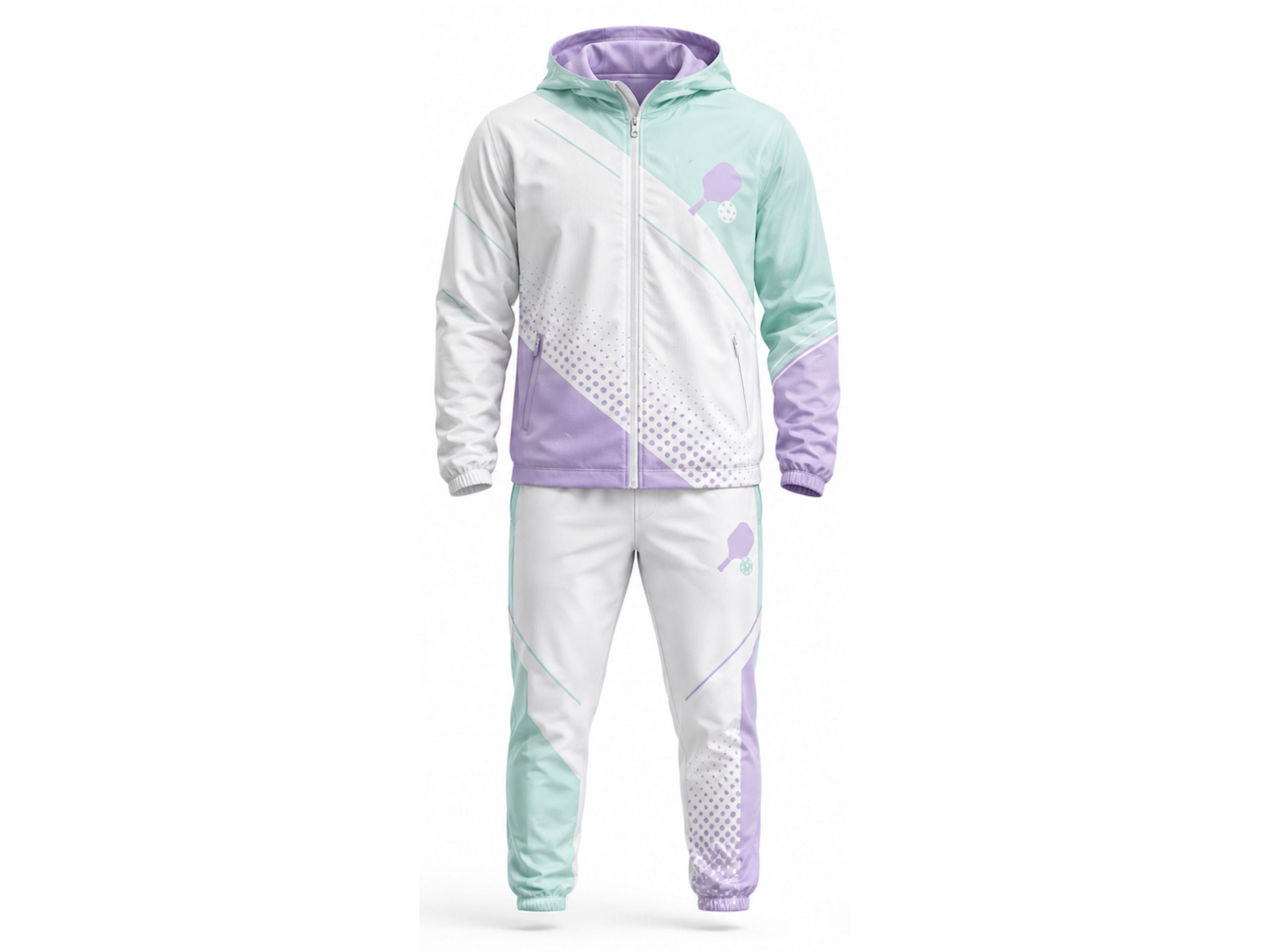 Custom Pickleball Warm-Up Set | Wholesale Pickleball Team Hooded Jacket and Pants | Mint Green Lavender White | Apparels Bridge