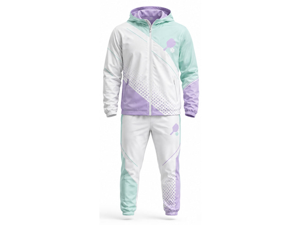 Custom Pickleball Warm-Up Set | Wholesale Pickleball Team Hooded Jacket and Pants | Mint Green Lavender White | Apparels Bridge front design preview