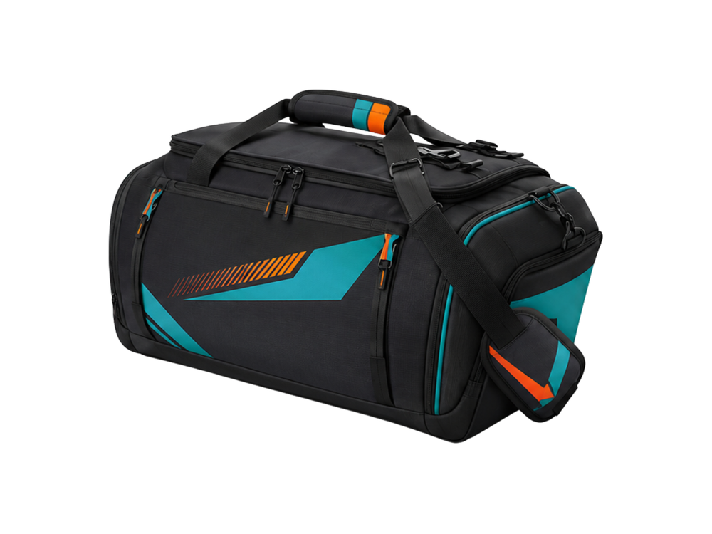 Custom Black Teal Flag Football Duffle Bag – Wholesale Team Sports Bag front design preview
