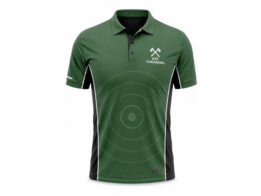 Sublimated Axe Throwing Polo Jersey | Green Custom Team Shirt | B2B Manufacturer | Low MOQ front design preview