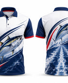 Custom Fishing Shirt | Wholesale Fishing Team Polo Shirt | White Navy Marlin Boat | Apparels Bridge