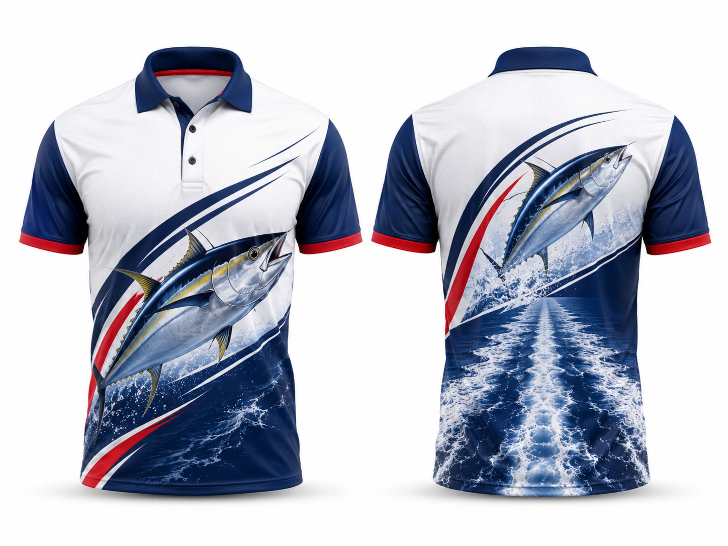Custom Fishing Shirt | Wholesale Fishing Team Polo Shirt | White Navy Marlin Boat | Apparels Bridge