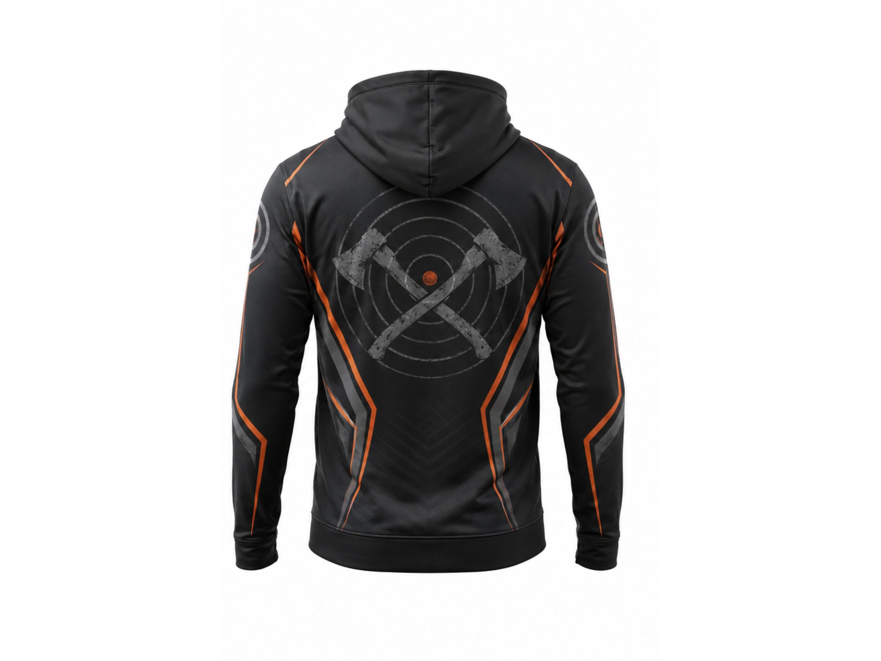Custom Black Orange Sublimated Axe Throwing Pullover Hoodie – Team Apparel