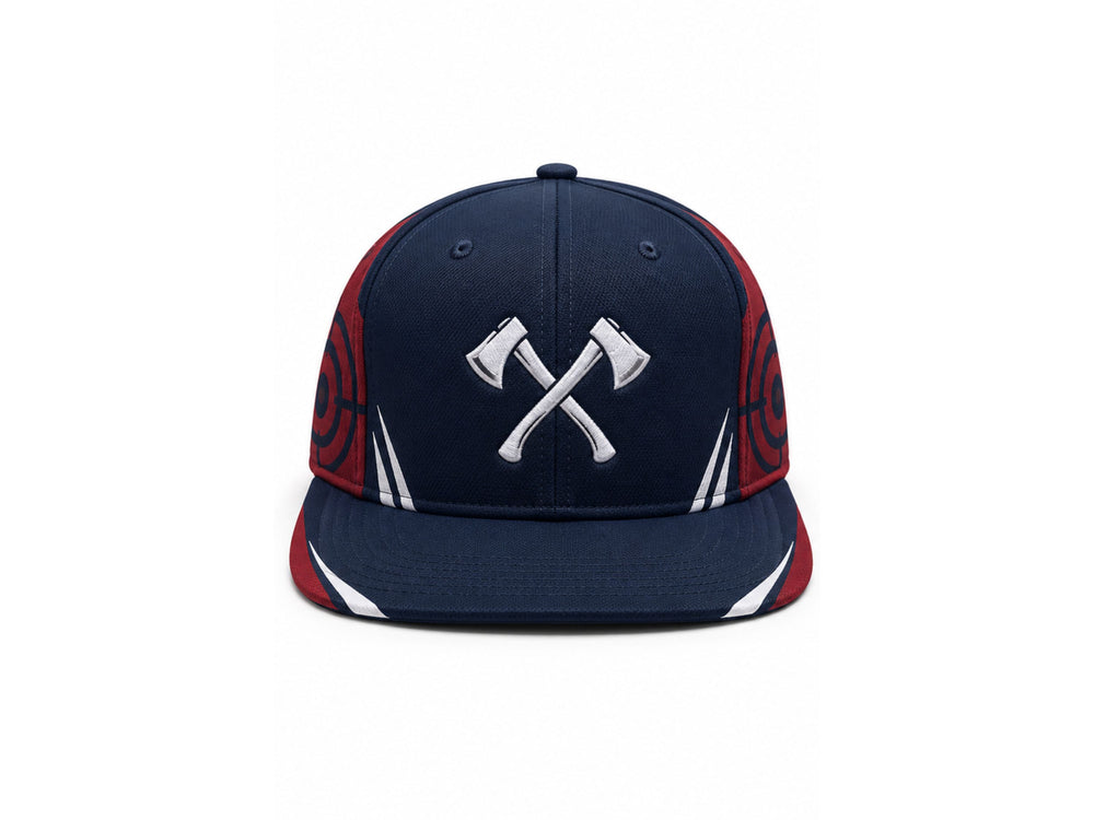 Axe Throwing Cap Navy Red Crossed-Axe Custom Venue Hat Wholesale front design preview