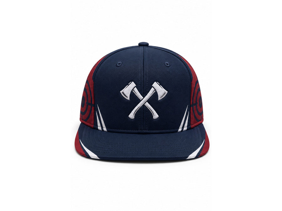 Axe Throwing Cap Navy Red Crossed-Axe Custom Venue Hat Wholesale design preview