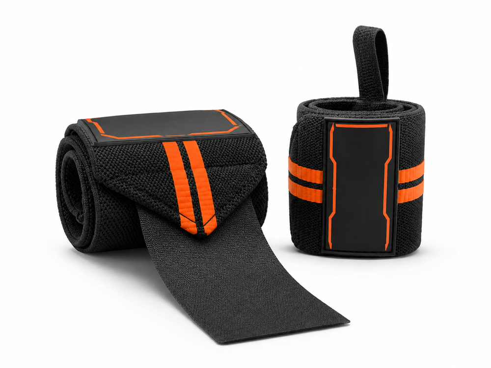 Custom Powerlifting Wrist Wraps | Wholesale Weightlifting Wrist Wraps | Black Orange | Apparels Bridge front design preview