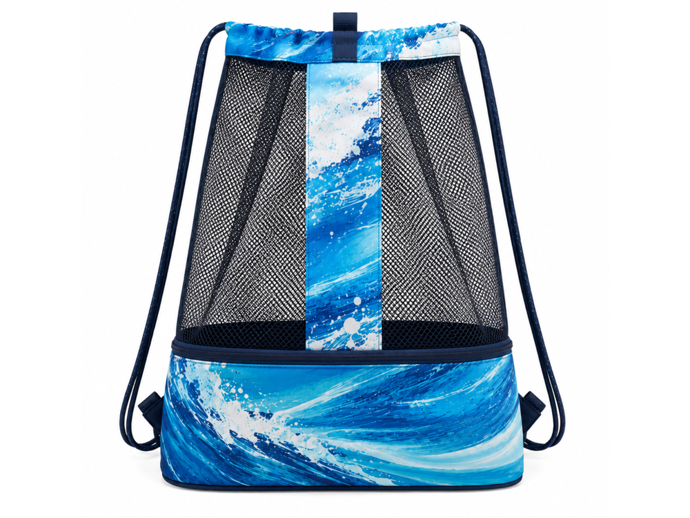 Custom Swim Mesh Drawstring Bag – Blue Black Wholesale Team Bag front design preview