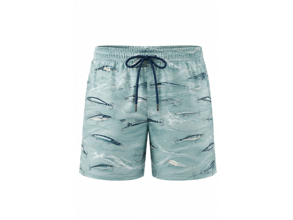 Custom Fishing Shorts – light aqua blue Fish-Print, Wholesale, Low MOQ, Bulk Sportswear front design preview