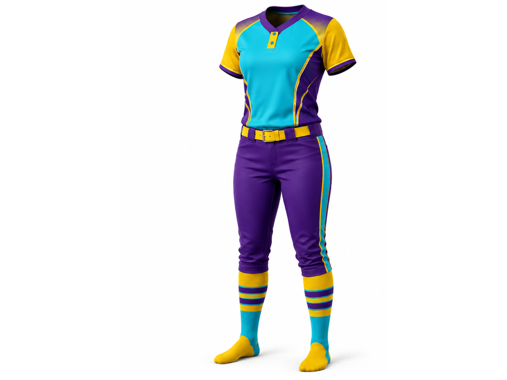 Purple and yellow Softball Uniform – Wholesale Bulk Team Kit, Low MOQ, B2B Performance Apparel front design preview