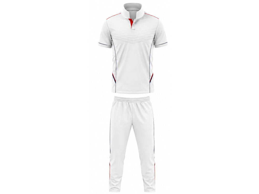 Custom Cricket White Uniform Set – Sublimated Shirt & Trouser with Red Accents front design preview