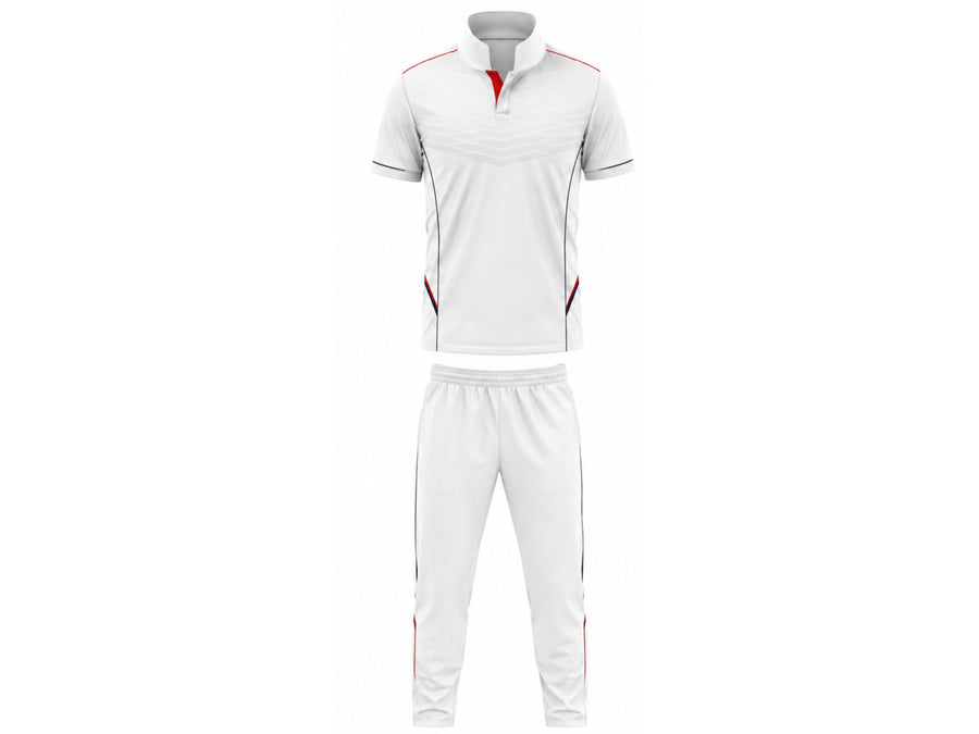 Custom Cricket White Uniform Set – Sublimated Shirt & Trouser with Red Accents design preview