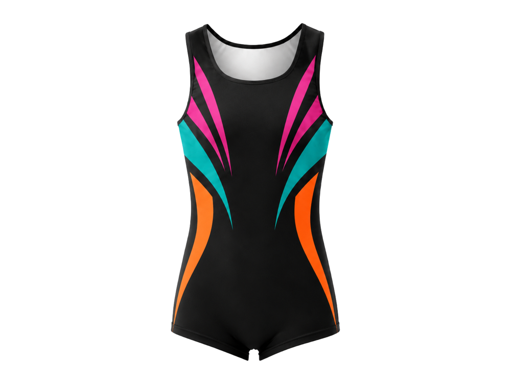Custom Training Gymnastics Leotard | Wholesale Gym Team Leotard | Black Pink Teal Orange | Apparels Bridge front design preview