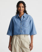 Wholesale Custom Light Blue Cropped Denim Shirt Manufacturer Private Label Half Sleeve Top