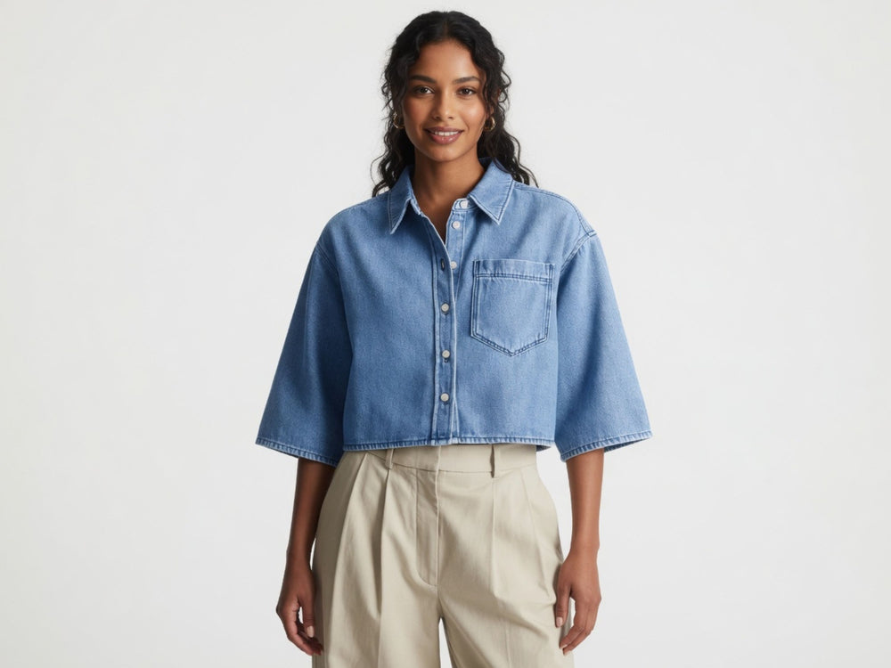 Wholesale Custom Light Blue Cropped Denim Shirt Manufacturer Private Label Half Sleeve Top front design preview