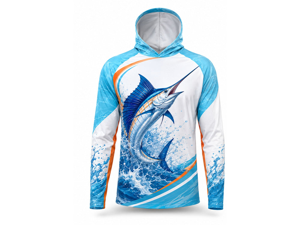 Custom Fishing Hoodie | Wholesale Performance Fishing Hoodie | Blue White Marlin | Apparels Bridge front design preview