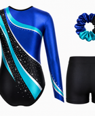 Custom Gymnastics Leotard Set | Wholesale Gym Team Set with Shorts and Scrunchie | Royal Blue Teal Black | Apparels Bridge