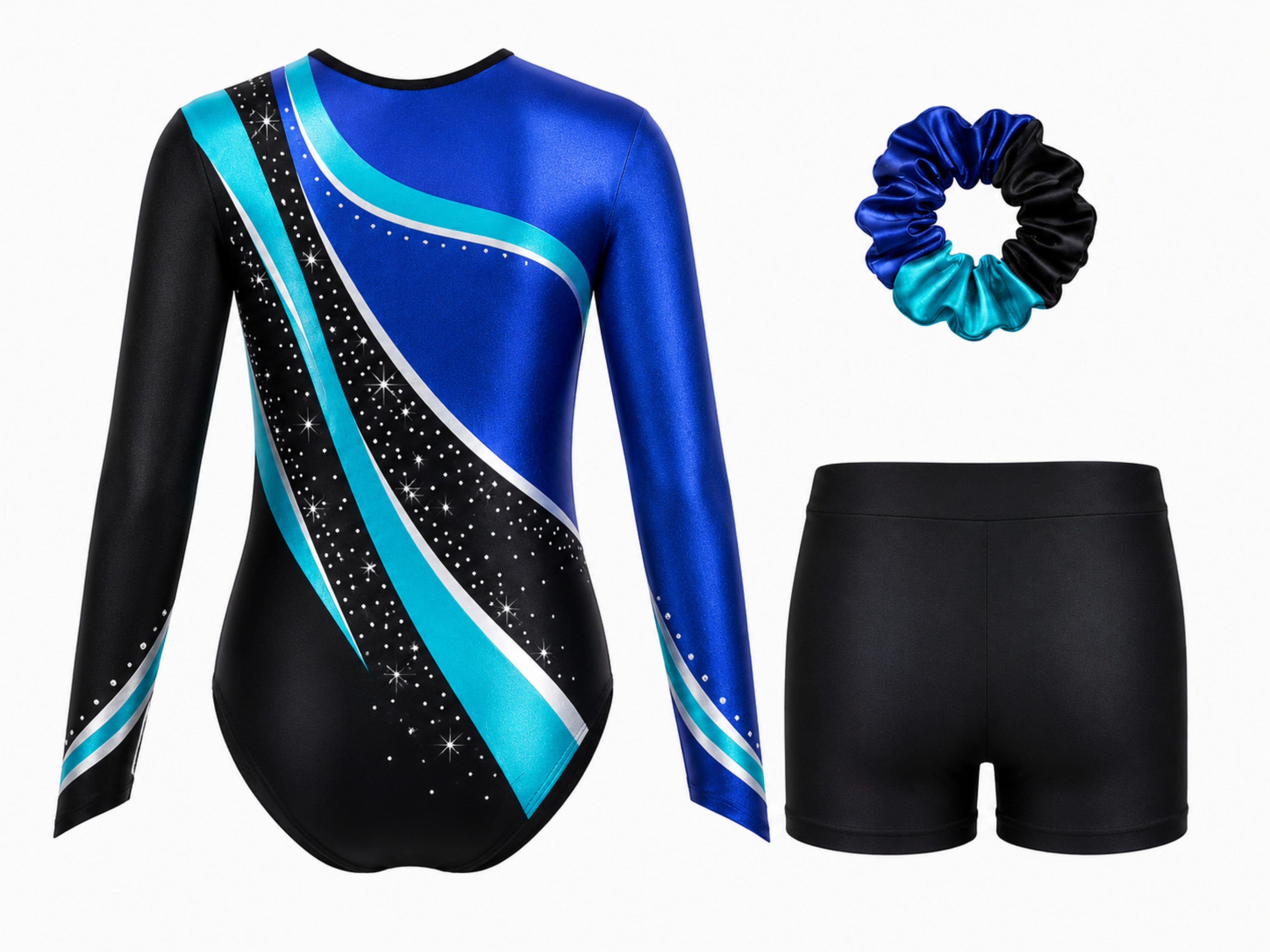 Custom Gymnastics Leotard Set | Wholesale Gym Team Set with Shorts and Scrunchie | Royal Blue Teal Black | Apparels Bridge