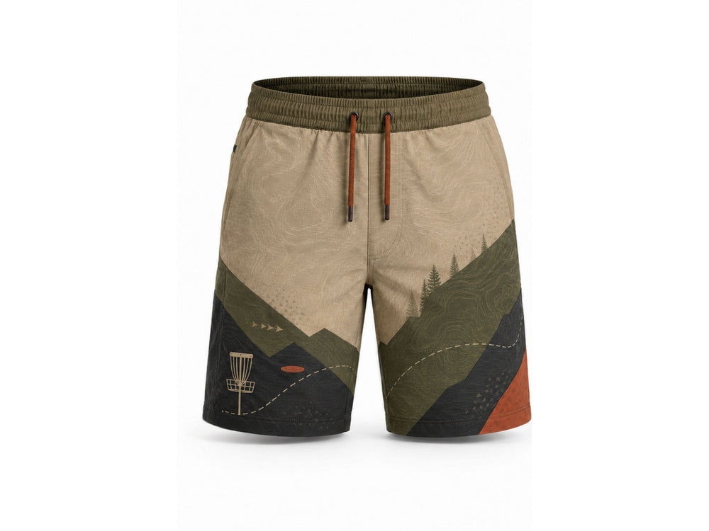 Wholesale Disc Golf Shorts Beige Olive & Orange Team Performance Wear Low MOQ front design preview