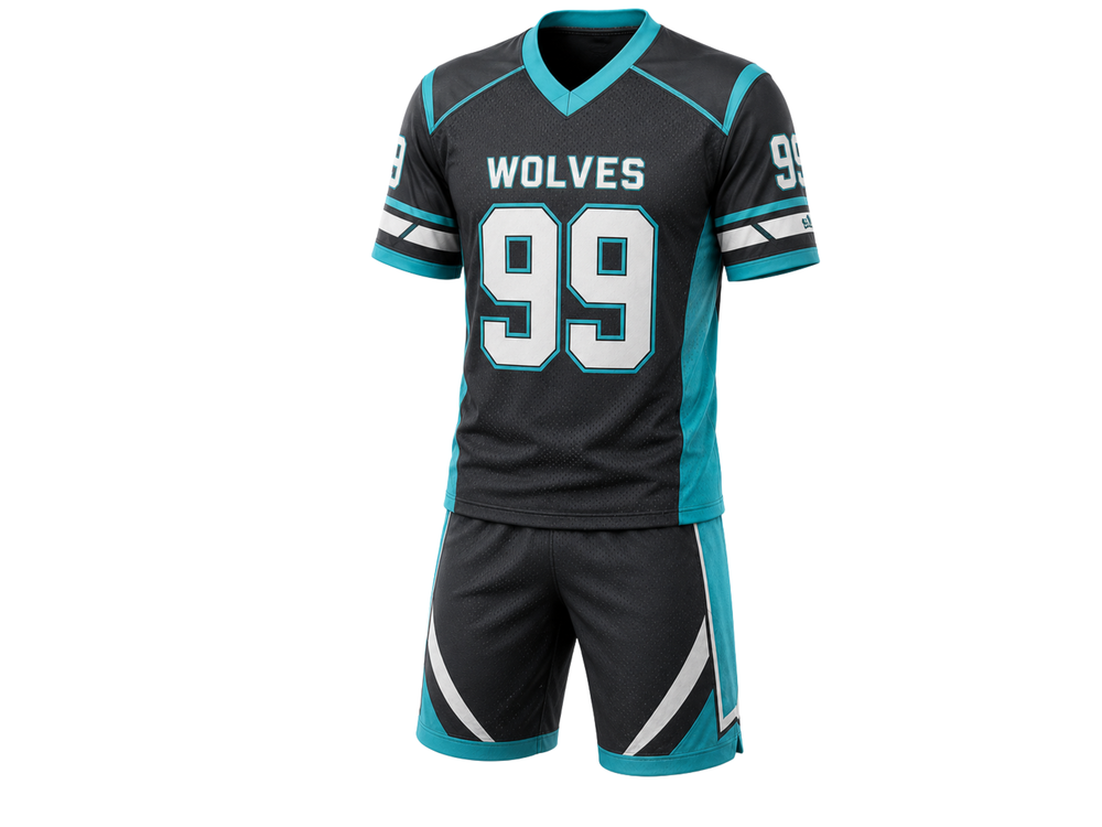 Black & Cyan Custom Football Uniform – Wholesale Bulk Team Kit, Low MOQ, B2B Performance Apparel front design preview