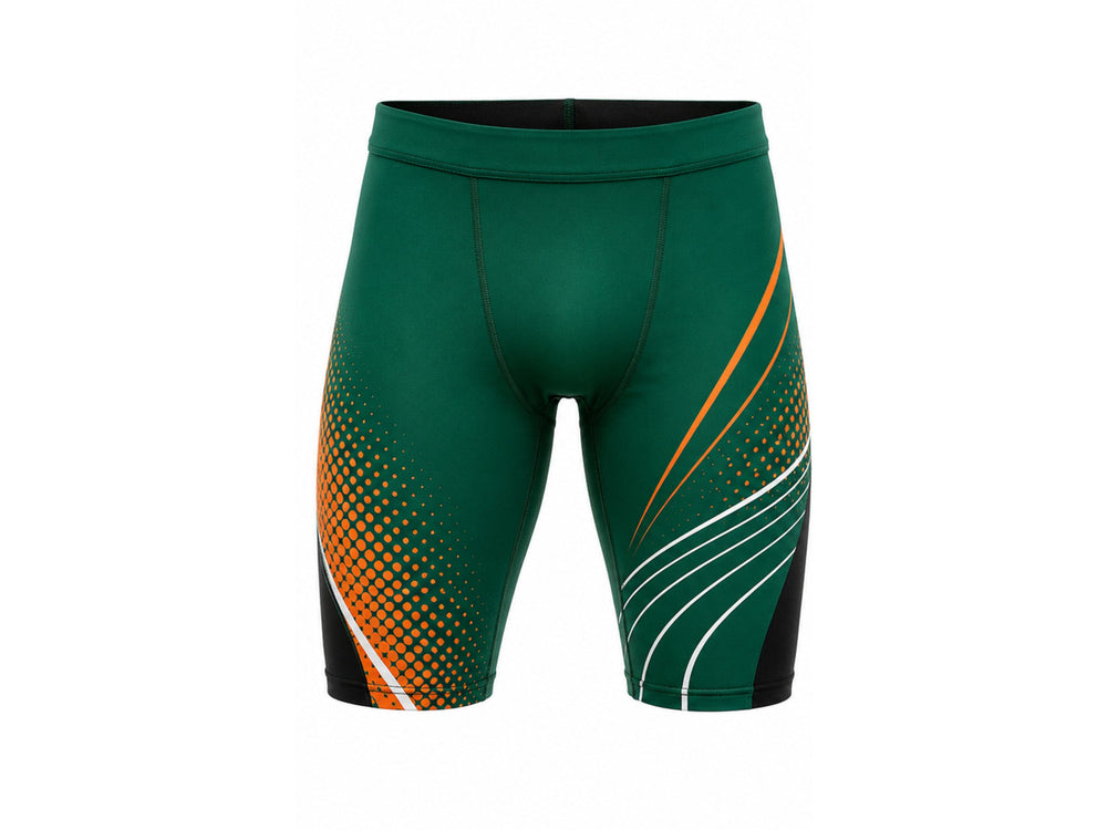 Custom Track & Field Compression Shorts | Wholesale Athletics Sprint Shorts | Green Orange White | Apparels Bridge front design preview