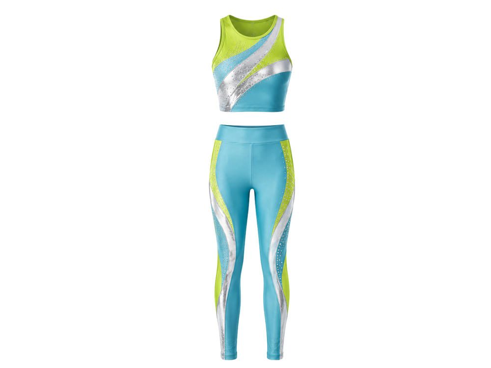 Custom Dance Team Uniform – Light Blue & Lime Performance Outfit – Wholesale & Low MOQ front design preview