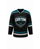 Custom Home Away Ice Hockey Jersey – Black Teal White Sublimated Team Hockey Jersey Wholesale
