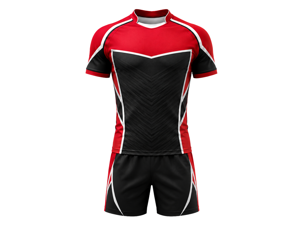 Custom Red Black Rugby Sevens Kit | Wholesale Rugby 7s Uniform Set for Bulk Orders front design preview