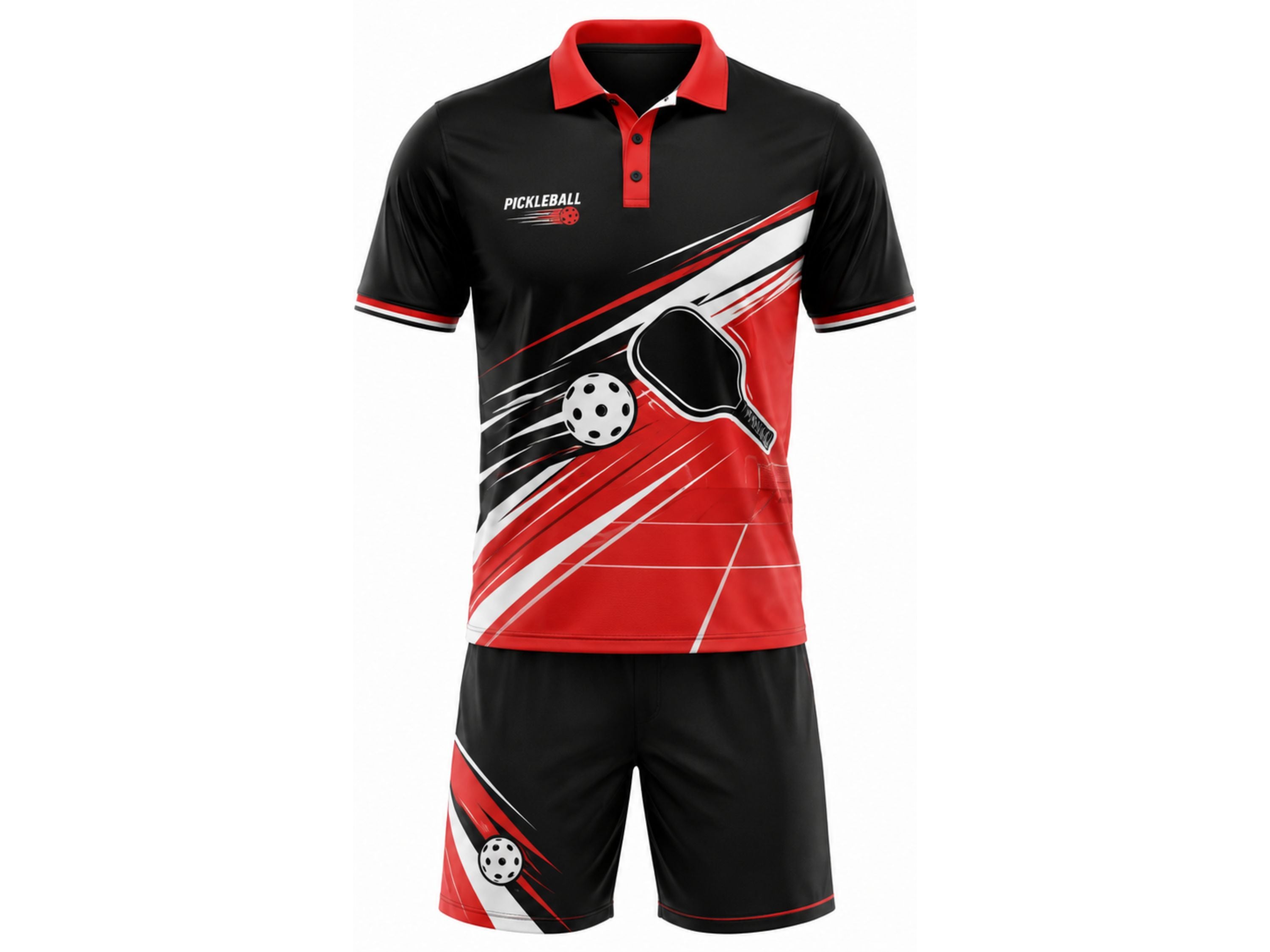 Custom Men's Pickleball Polo and Shorts Set | Wholesale Pickleball Team Uniform | Black Red White | Apparels Bridge