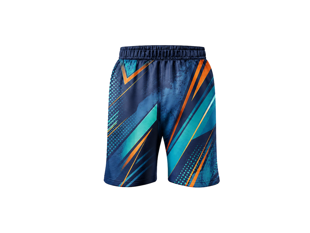 Blue, Teal & Orange Ping Pong Shorts – Team Table Tennis Performance Wear, Wholesale Bulk, Low MOQ front design preview