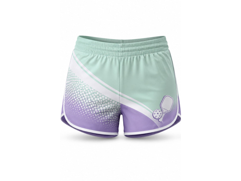 Custom Pickleball Shorts | Wholesale Pickleball Team Shorts | Mint Green Lavender White | Apparels Bridge front design preview