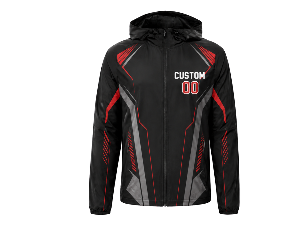 Custom Black Red Soccer Hoodie Jacket | Wholesale Team Outerwear for Bulk Orders front design preview