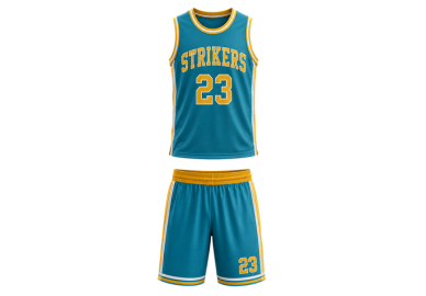 Teal/Yellow Basketball Uniform – Wholesale Bulk Team Kit, Low MOQ, B2B Performance Apparel front design preview