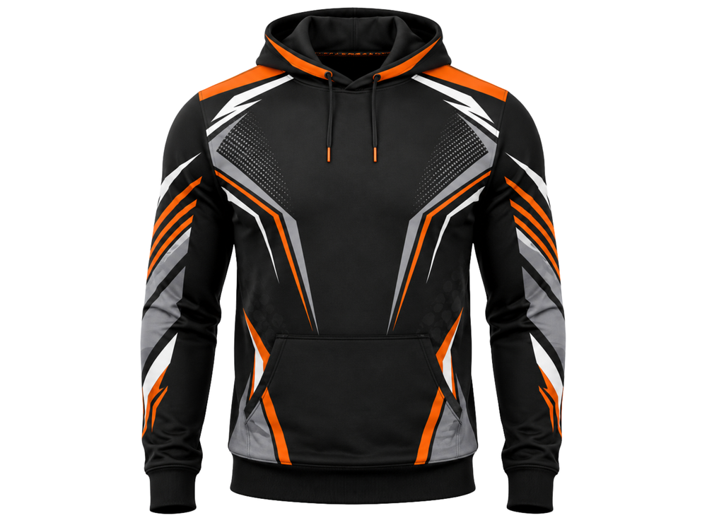 Custom Black Orange Rugby Hoodie | Wholesale Team Warmup Hoodie for Clubs Schools and Bulk Orders front design preview