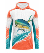 Custom Fishing Sun Hoodie | Wholesale Sun Protection Fishing Shirt | White Orange Teal Mahi-Mahi | Apparels Bridge