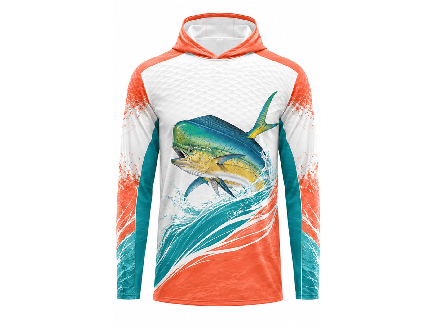 Custom Fishing Sun Hoodie | Wholesale Sun Protection Fishing Shirt | White Orange Teal Mahi-Mahi | Apparels Bridge