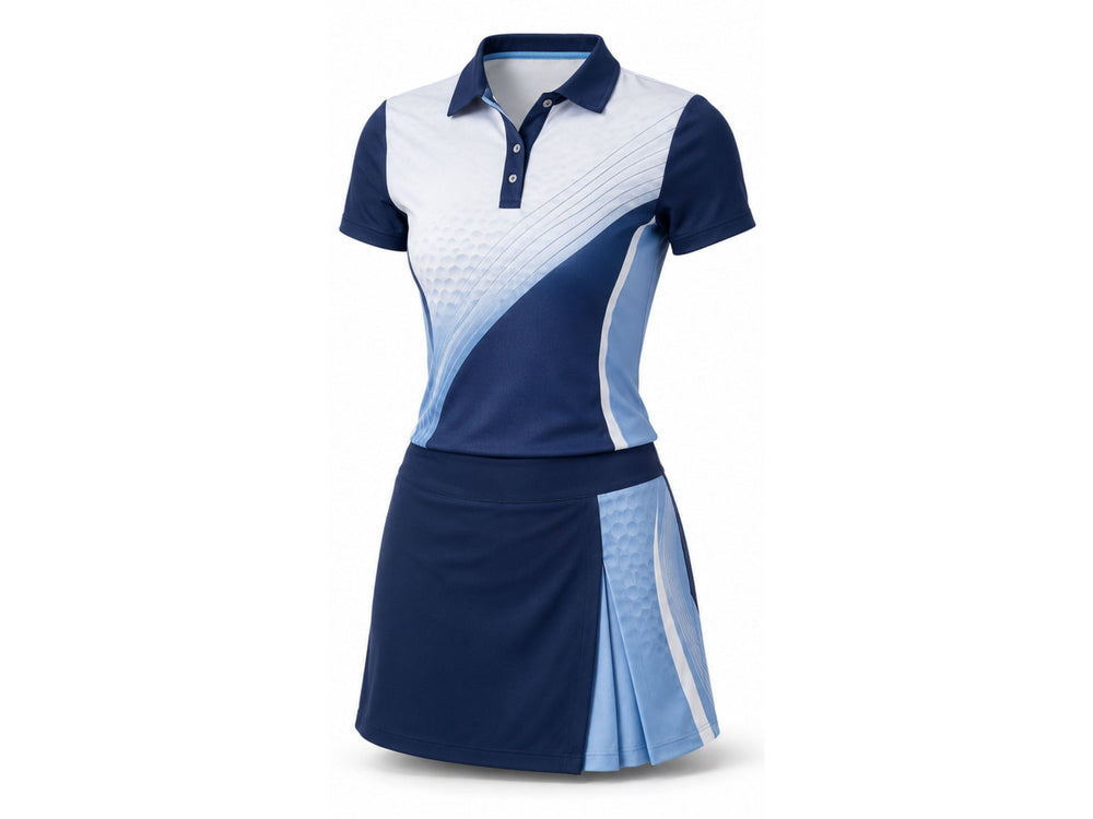 Wholesale Women's Golf Polo and Skort Set Golf Uniform Navy Blue White front design preview