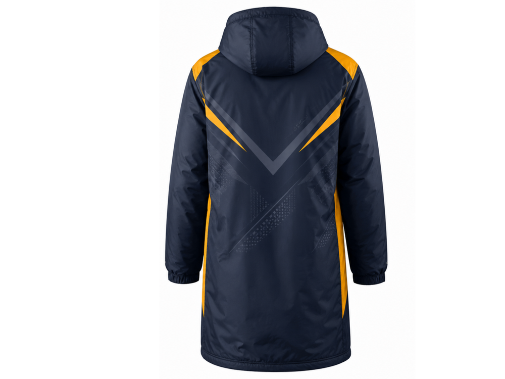 Custom Navy Yellow Football Jacket – Hooded Team Bench Coat for Clubs front design preview